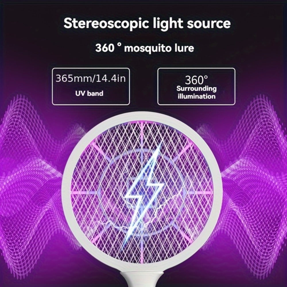 Electric Mosquito Swatter Racket Bug Zapper with LED Night Light & USB Charging, Handheld Insect with Base Stand