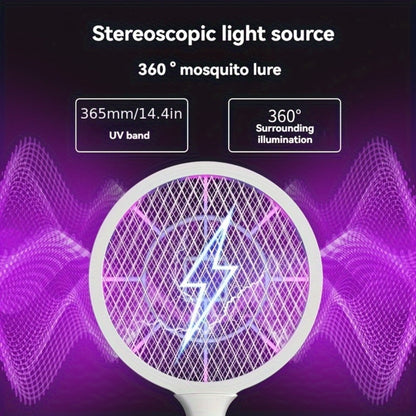 Electric Mosquito Swatter Racket Bug Zapper with LED Night Light & USB Charging, Handheld Insect with Base Stand