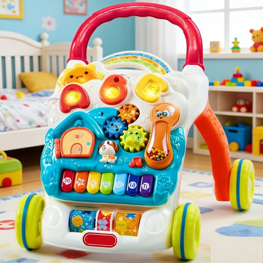 Sit to Stand Baby Push Walker 2-in-1 Adjustable Speed Learning Walker Detachable Play Panel 7-Mode Piano Light-Up Buttons Sound Effects