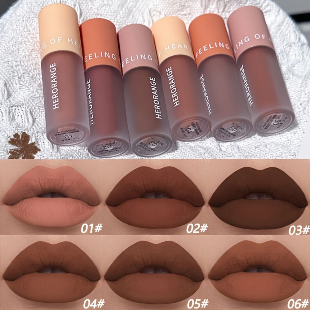 Velvet Matte Liquid Lipstick Set 6PCS 2-in-1 Lip Glaze and Eyeshadow – Chocolate Nude Brown, for Makeup, Travel and Everyday Vanity Use