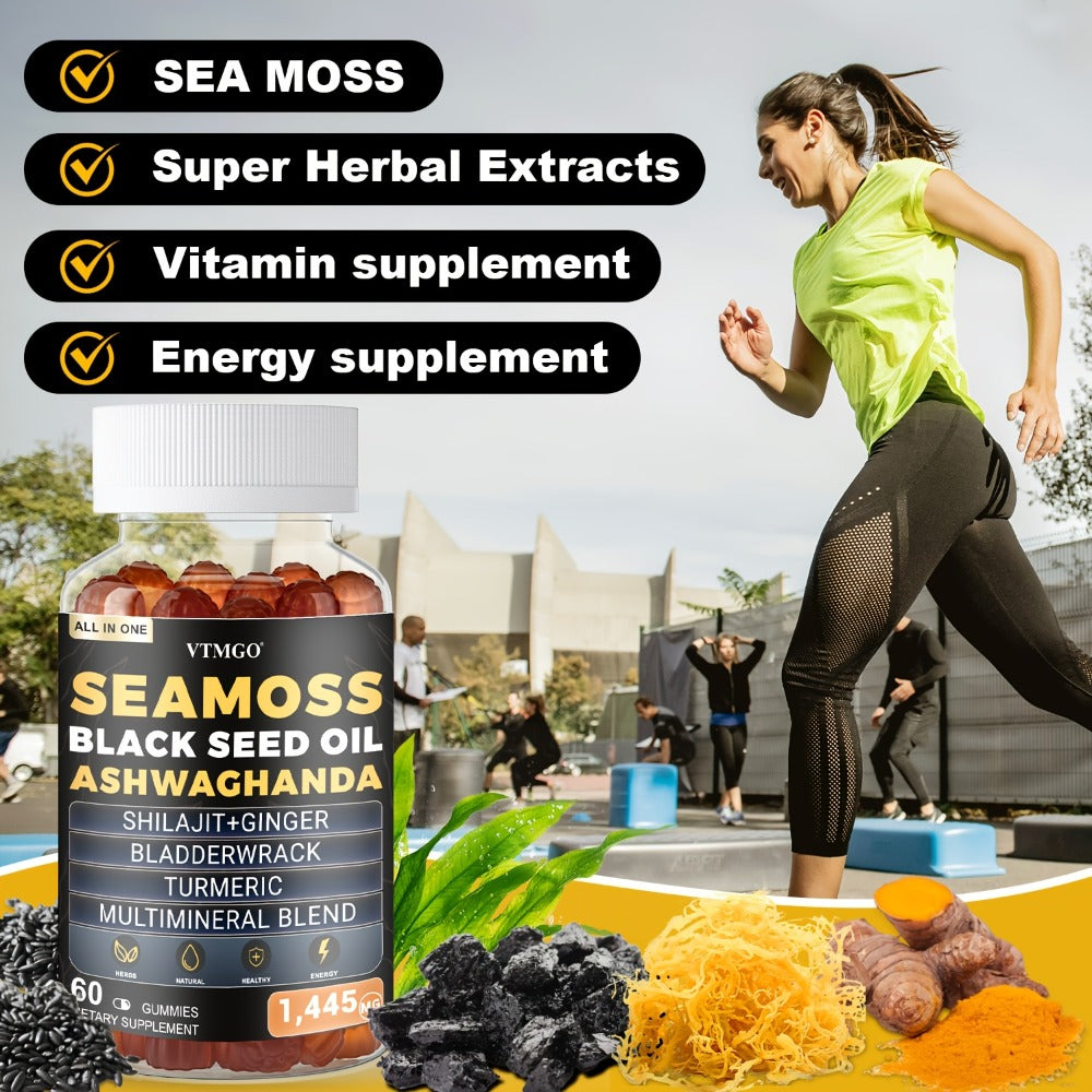 Sea Moss Gummies 1445mg with Shilajit Black Seed Oil Ashwagandha Elderberry Chlorophyll Turmeric Bladderwrack Ginger