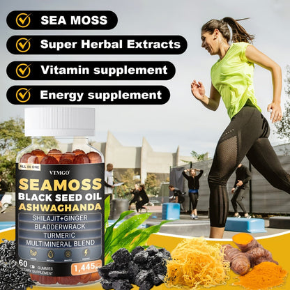 Sea Moss Gummies 1445mg with Shilajit Black Seed Oil Ashwagandha Elderberry Chlorophyll Turmeric Bladderwrack Ginger