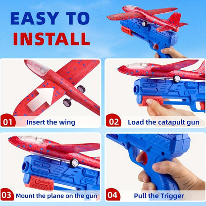 Foam Airplane Launcher Toy Set with 3 Foam Planes & Catapult, 2 Flight Modes Outdoor Flying Glider Toy for Kids Boys Girls Ages 3+