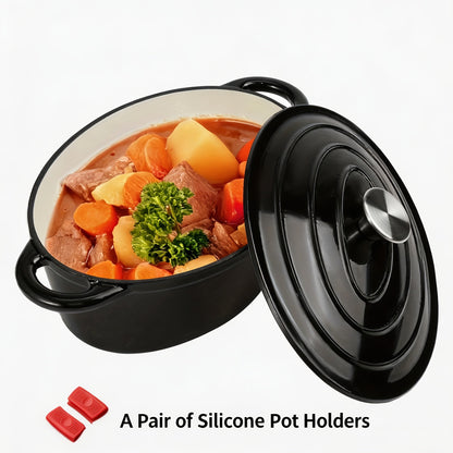 3.5L Enameled Cast Iron Dutch Oven with Oval Body, Fitted Lid, Handle Covers and Five Colors