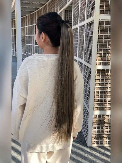 Hair Extensions Straight 34-Inch Synthetic Ponytail with Ribbon Wrap and Five Mixed or Natural-Tone Colors