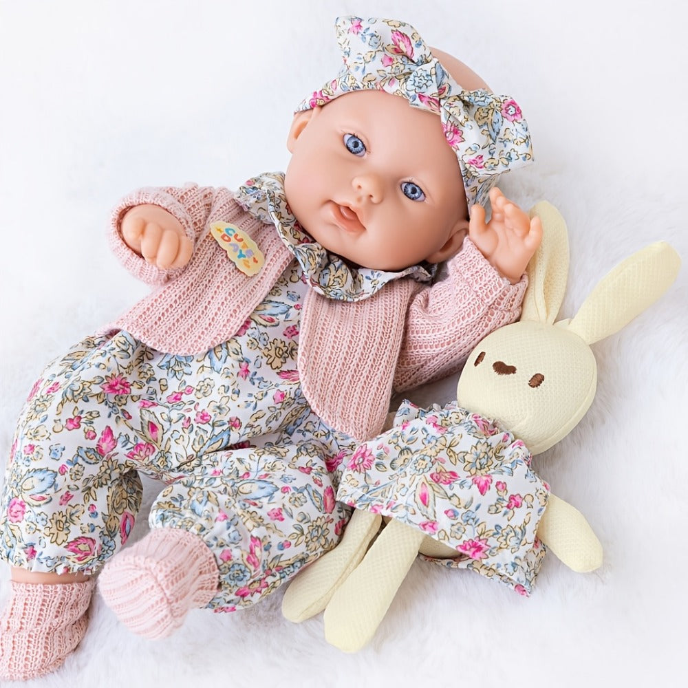 Floral Dress Baby Doll 12 Inch with Rabbit Plush Toy Gift Set, Realistic Vinyl Doll with Floral Outfit