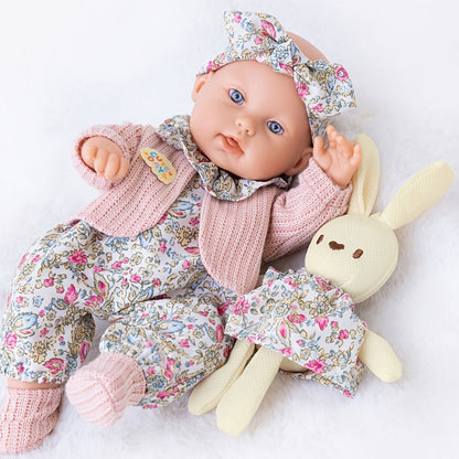 Floral Dress Baby Doll 12 Inch with Rabbit Plush Toy Gift Set, Realistic Vinyl Doll with Floral Outfit