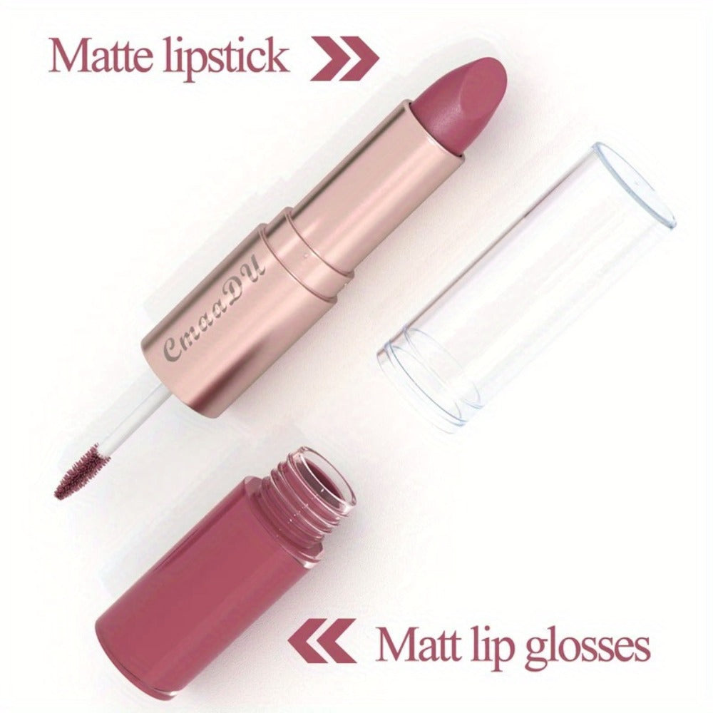 Dual-Ended Matte Lipstick & Lip Gloss Set 4pcs, 2-in-1 Velvety Lip Color, Non-Drying Comfortable Formula