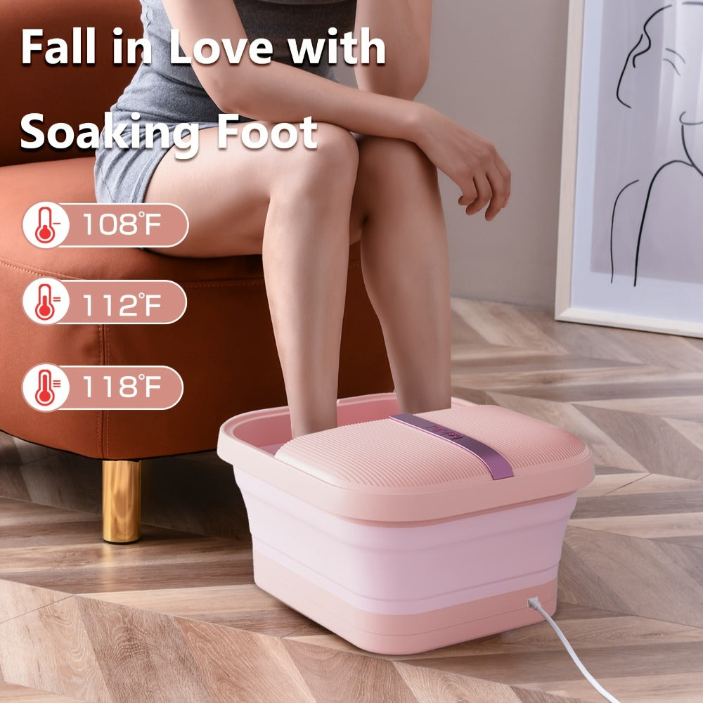 Collapsible Foot Bath Spa Massager with Heat Bubble Jets Massage Rollers LED Light Foldable Pedicure Foot