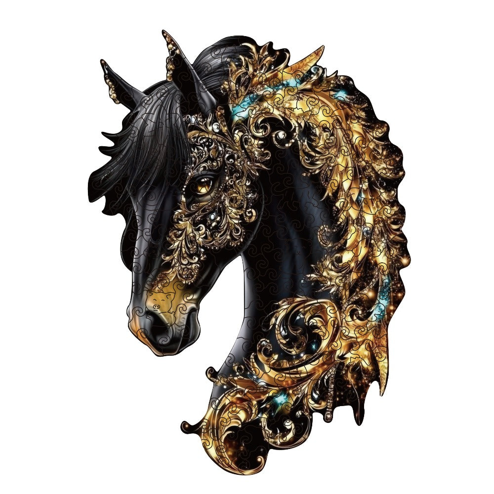 Ornate Horse Silhouette Wooden Jigsaw Puzzle with Gold-Tone Scrollwork in Three Size Options for Display
