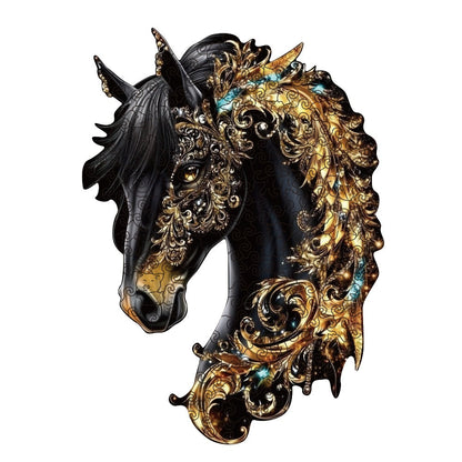 Ornate Horse Silhouette Wooden Jigsaw Puzzle with Gold-Tone Scrollwork in Three Size Options for Display