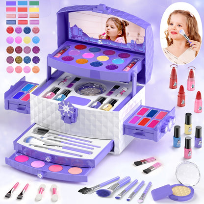 Princess Makeup Set for Girls Ages 3-12, 58 PCS Pretend Play Makeup Kit with Brushes & Case, Skin-Friendly Beauty Toy