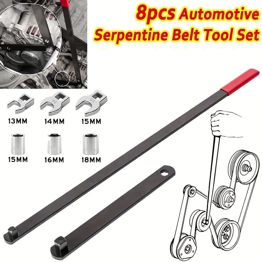 Serpentine Belt Tool Set 8-Piece, Universal 3/8" & 1/2" Drive Belt Tensioner Wrench Kit with Idler Pulley Adjuster & Crowfoot Wrenches