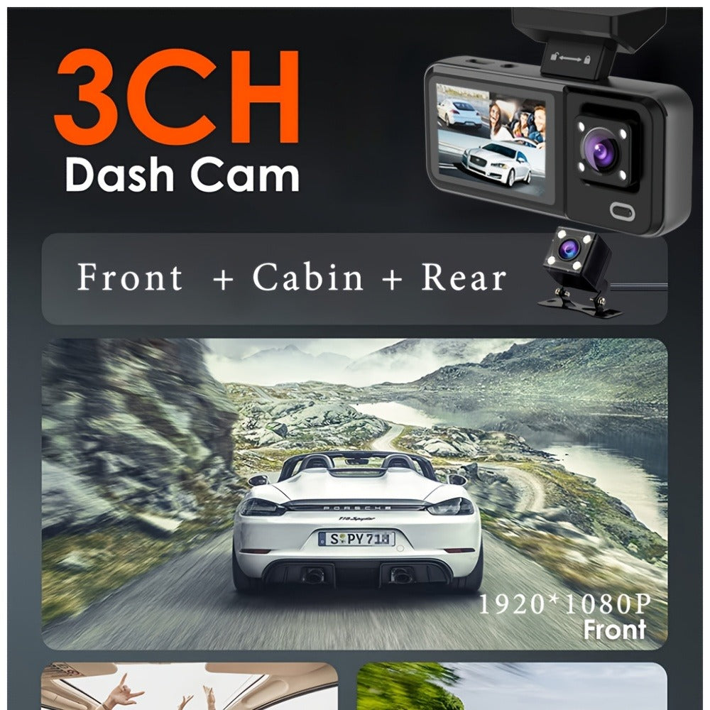Three-Channel Dash Camera Kit with Front, Cabin and Rear Cameras plus Pictured 64 GB Card Pictured