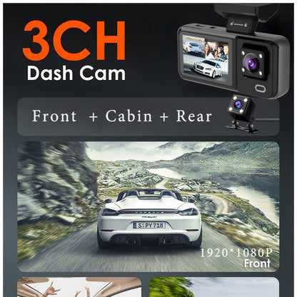 Three-Channel Dash Camera Kit with Front, Cabin and Rear Cameras plus Pictured 64 GB Card Pictured