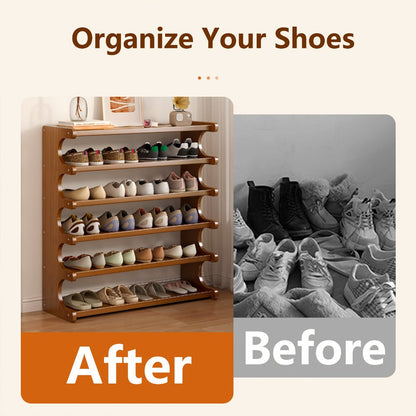 Shoe Rack Bamboo Freestanding Organizer with 3-Layer, 5-Layer or 6-Layer Brown Height Options