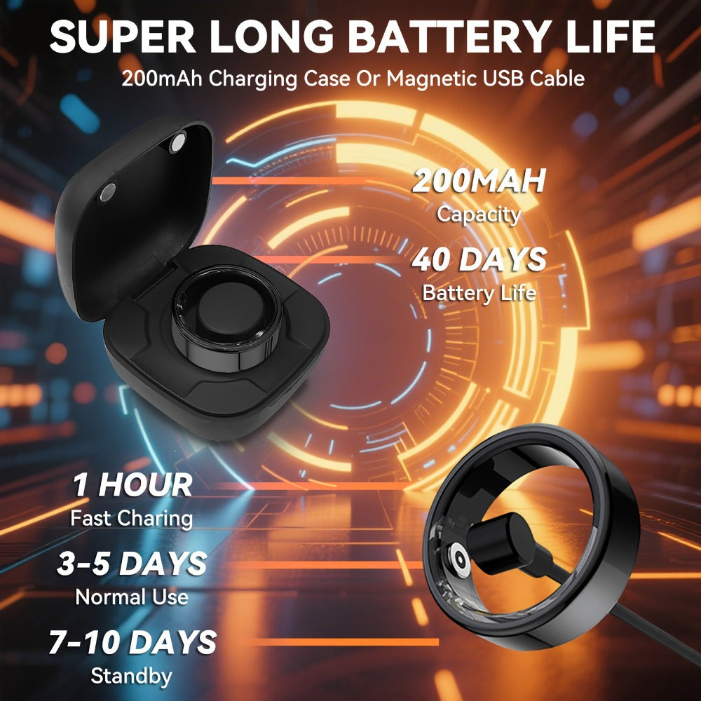 Smart Ring Fitness Tracker with Charging Case – Sleep Tracker Step Counter Distance Monitor for Women & Men | Sizes 7-13 | Black Silver Gold
