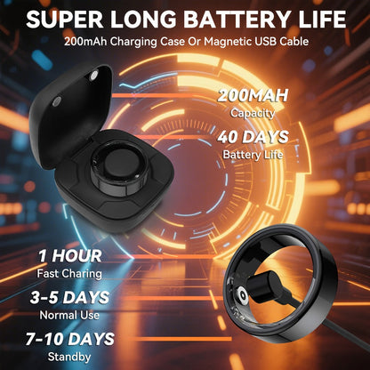 Smart Ring Fitness Tracker with Charging Case – Sleep Tracker Step Counter Distance Monitor for Women & Men | Sizes 7-13 | Black Silver Gold