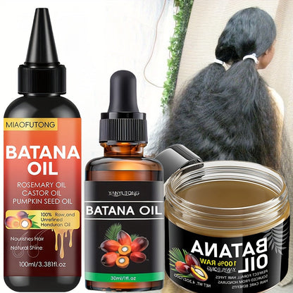 Three-Piece Batana Hair Care Kit with 3.38 oz Pointed Oil Bottle, Dropper and Cream Formats