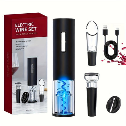 Electric Wine Opener Set 4-in-1 Rechargeable - USB-C Corkscrew with Blue LED, Vacuum Stopper