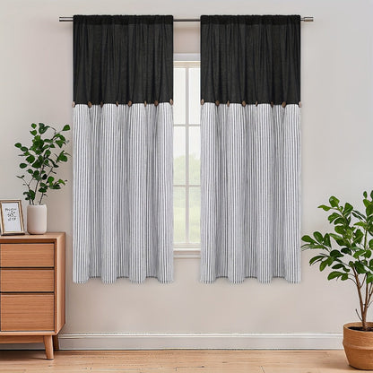 Semi Sheer Curtains Bohemian Linen Cotton Patchwork Grommet Top Window Drapes for Bedroom Living Room Kitchen Bathroom Cafe