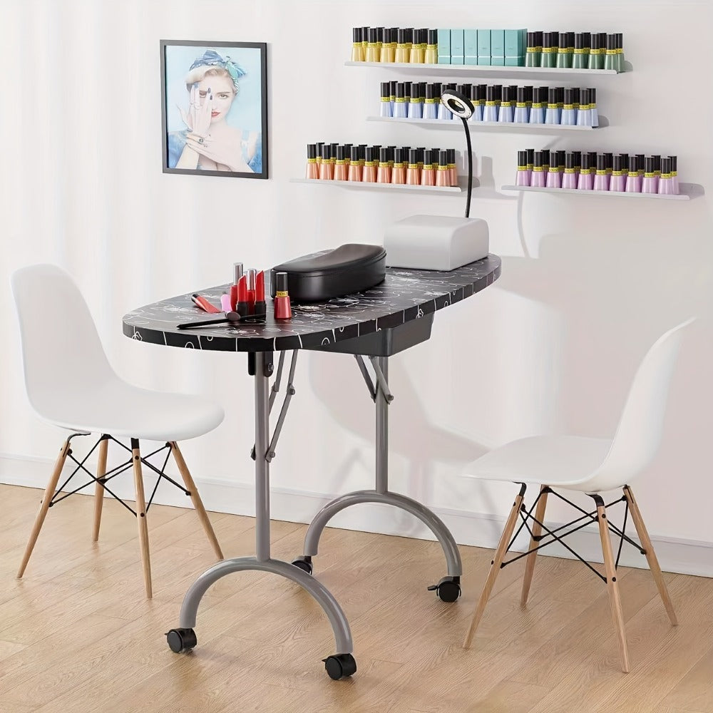 Foldable Nail Table with LED Lamp Drawer Lockable Wheels Wrist Cushion & Carrying Bag, Portable Manicure
