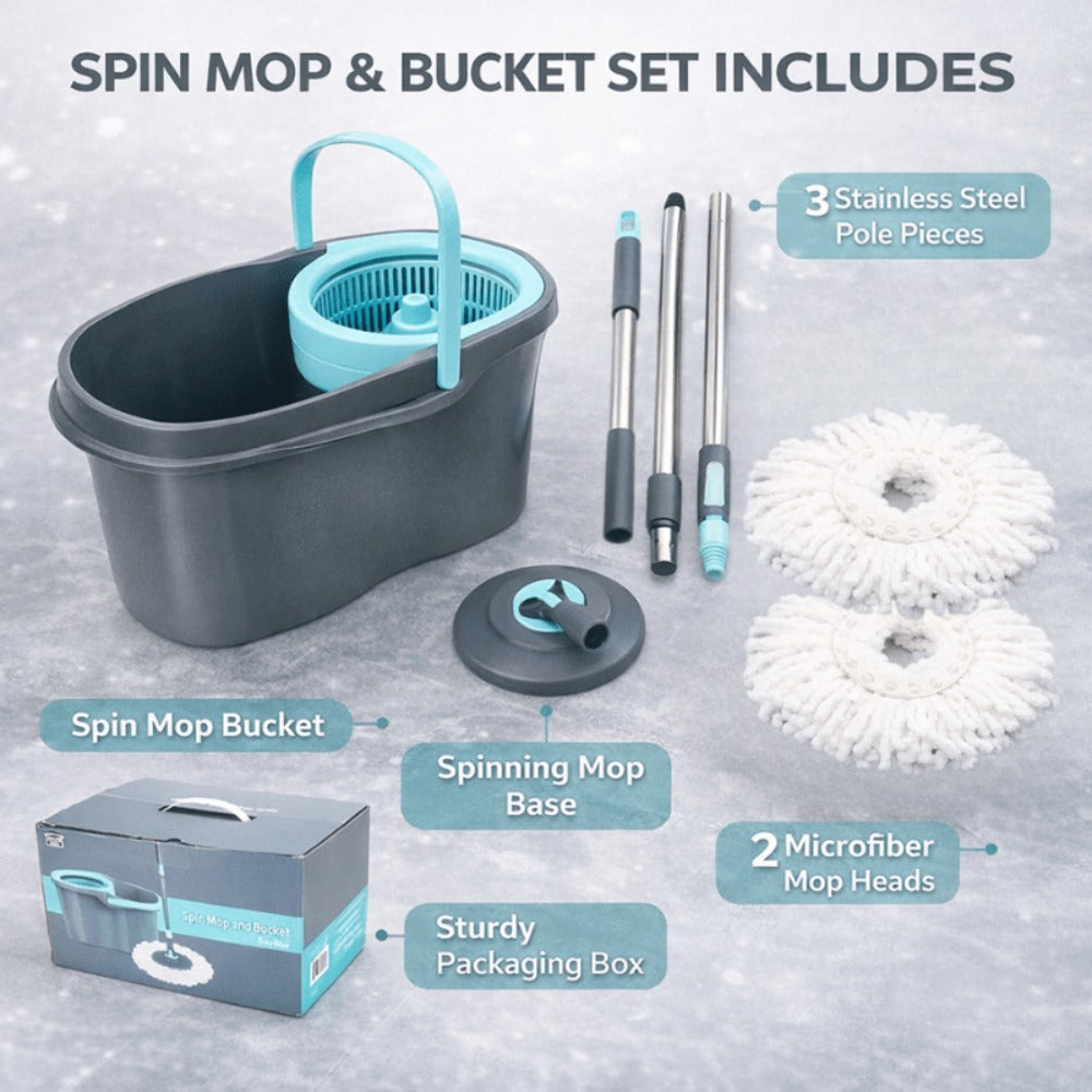360 Spin Mop and Bucket Set with Wringer – Stainless Steel Extended Handle Spinning Mop Bucket System with Microfiber Mop Refills