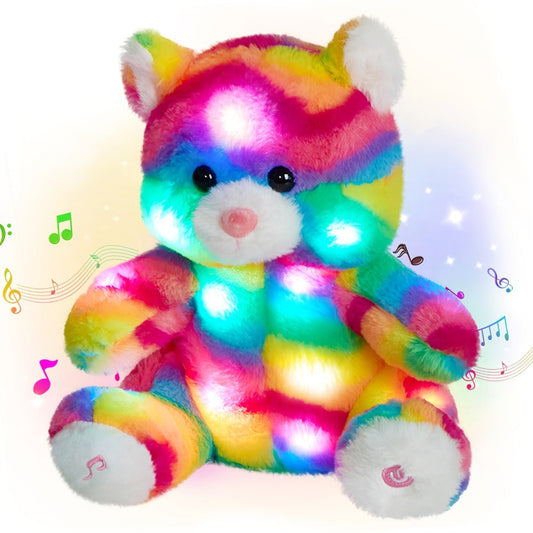 Plush Toy Rainbow Cat with Glowing Color Points and Music for Bright Interactive Display for Character Display, Room Decor and Gift