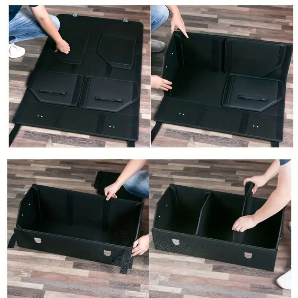 Car Trunk Organizer, Foldable PU Leather and Oxford Box with Adjustable Dividers in 12.15 Gallon or 32L Sizes