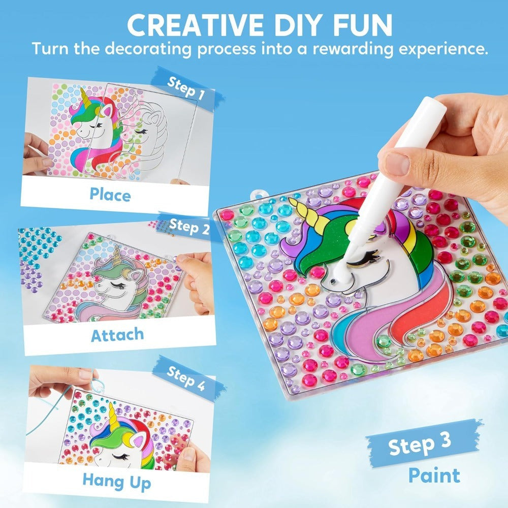 Suncatcher Painting Kit 4pcs for Kids, 2-in-1 Window Art with Gem Stickers & Paint Pens, Butterfly Unicorn Rainbow Sun Designs