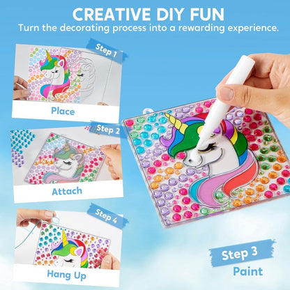 Suncatcher Painting Kit 4pcs for Kids, 2-in-1 Window Art with Gem Stickers & Paint Pens, Butterfly Unicorn Rainbow Sun Designs