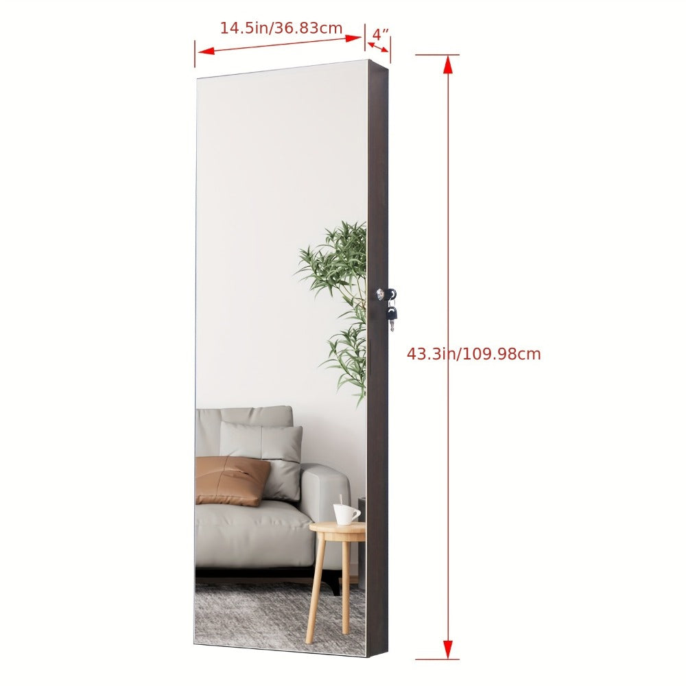 Full Length Mirror Jewelry Armoire Cabinet, 2-in-1 Lockable Over the Door Mirror with Jewelry Storage, Makeup Organizer with Baskets Bins