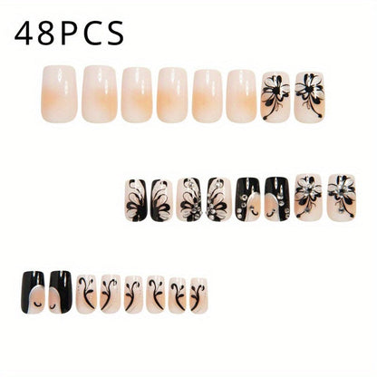 Press On Nails 48-Piece Medium Square Black and White Matte French Tip Butterfly Full-Cover Set