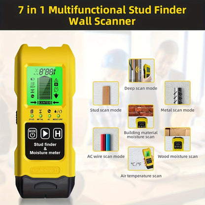 Stud Finder Wall Scanner 7-in-1 LCD Display Sound Alert, Wood Deep Stud Metal AC Wire Moisture Meter Temperature Sensor