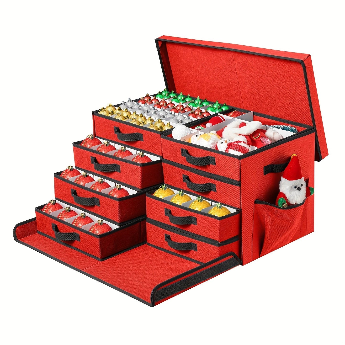 Christmas Ornament Storage Box 128 Slots 8 Trays Stackable Large Capacity Holiday Organizer with Lid Side Open Adjustable Dividers Removable