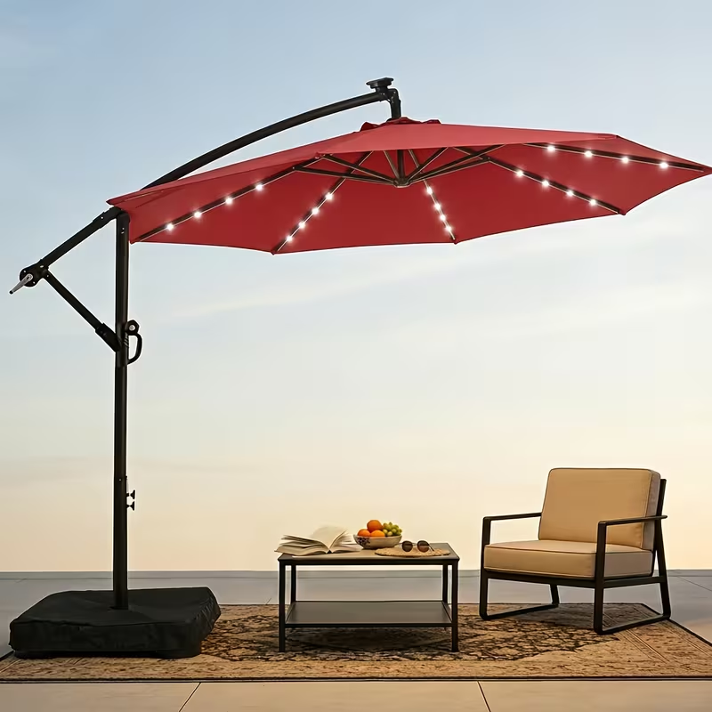 Patio Umbrella 10FT Offset Cantilever Solar LED Style with Tilt, Crank and 16 Base-Choice Color Options