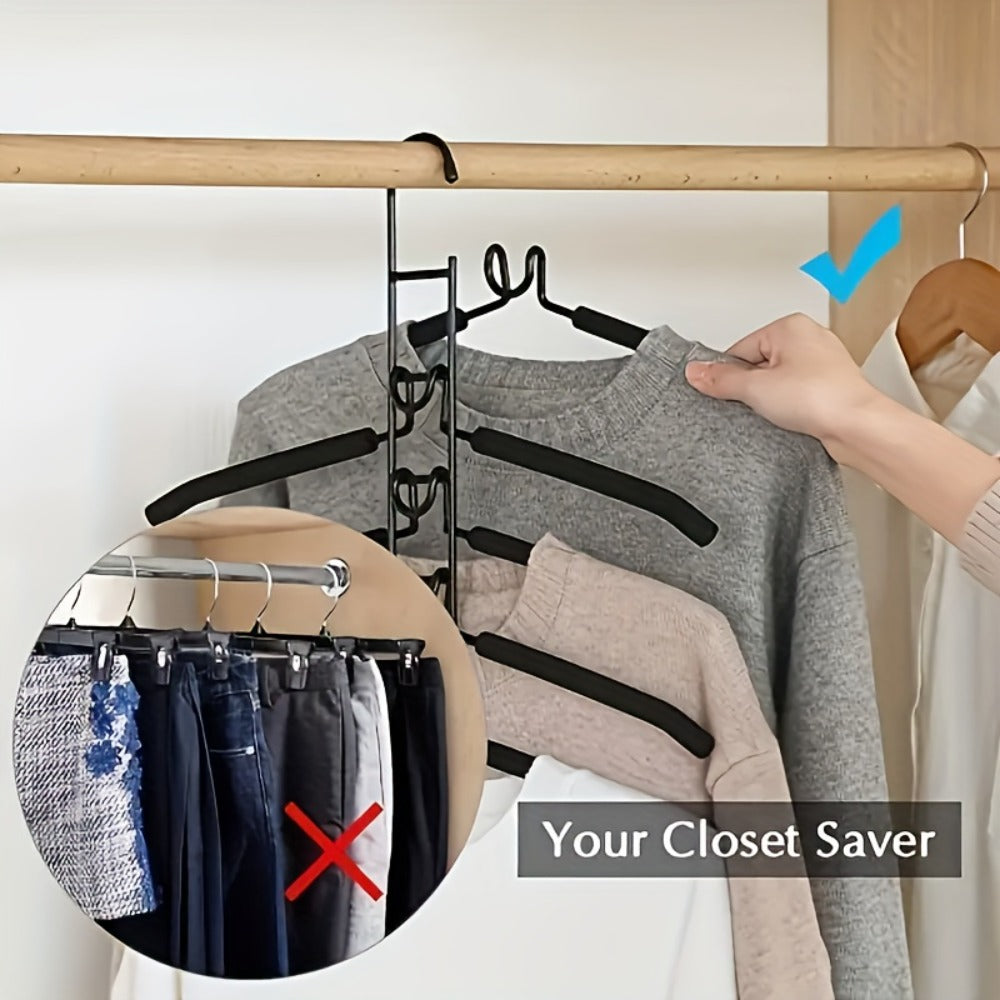 Space Saving Hangers 5-in-1 Multi-Layer Metal Closet Organizer | Heavy Duty Non-Slip Foam Pads | 2 Pack Clothes Hanger for Coats Sweaters