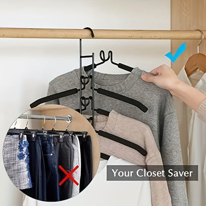 Space Saving Hangers 5-in-1 Multi-Layer Metal Closet Organizer | Heavy Duty Non-Slip Foam Pads | 2 Pack Clothes Hanger for Coats Sweaters