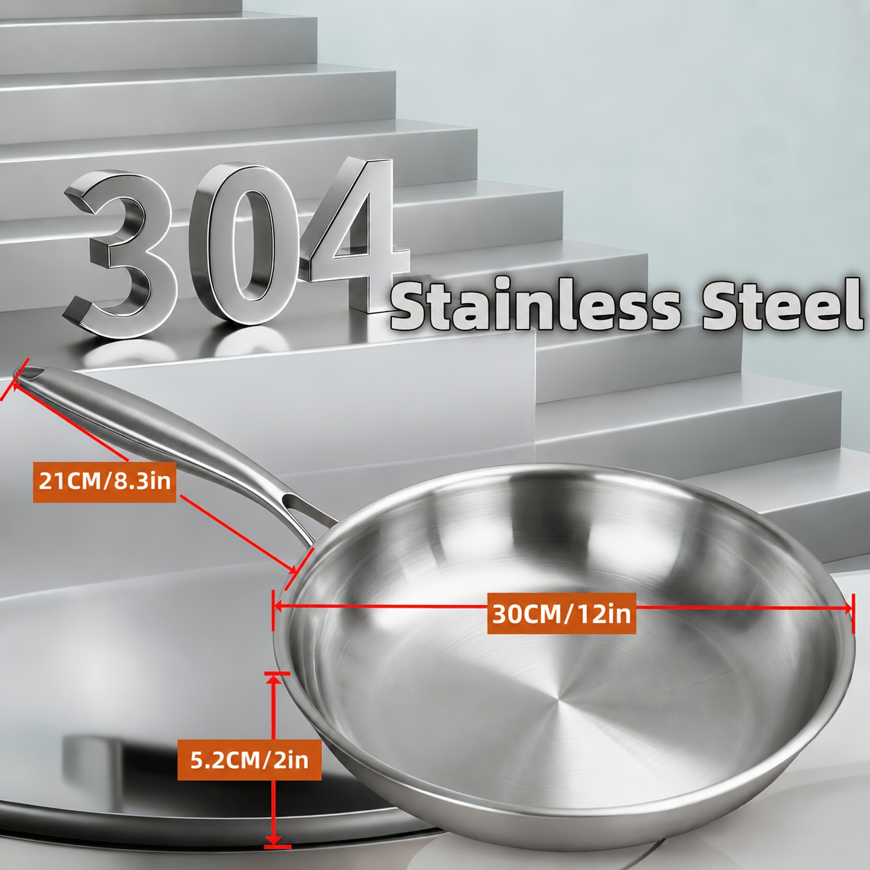 304 Stainless Steel Frying Pan Skillet – 3-Ply Base Even Heat Distribution, Induction & Gas Compatible, Rivet-Free Interior