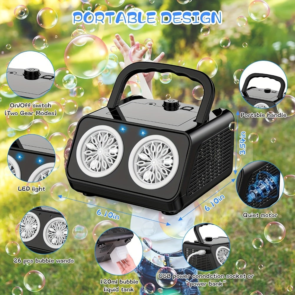 White Dual-Wheel Bubble Machine with Material Thickened Label, Handle, USB Port and Battery Compartment