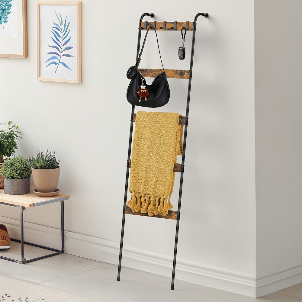 Blanket Ladder Storage Organizer 5-Tier Metal Rack with 10 Detachable Hooks in Brown or Black