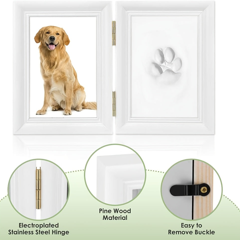 Pet Paw Print Frame Kit with Clay Impression – Wooden Photo Frame Keepsake for Dogs & Cats, Tabletop Memorial Gift
