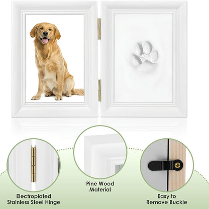 Pet Paw Print Frame Kit with Clay Impression – Wooden Photo Frame Keepsake for Dogs & Cats, Tabletop Memorial Gift