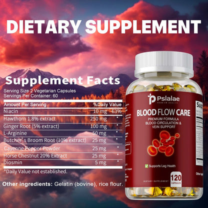 Blood Flow Support Capsules with Niacin, Hawthorn & Ginger Root, Heart Health & Leg Circulation Supplement