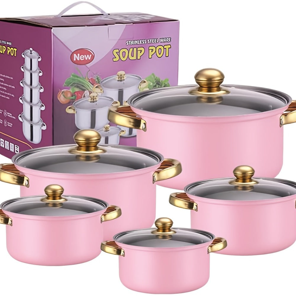 Stainless Steel Deep Pot Cookware Set 10 & 12 Piece with Lids & Dual Handles – Oven Safe Soup Hot Pot Pasta Seafood Stew Pots | Silver Pink