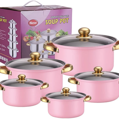 Stainless Steel Deep Pot Cookware Set 10 & 12 Piece with Lids & Dual Handles – Oven Safe Soup Hot Pot Pasta Seafood Stew Pots | Silver Pink