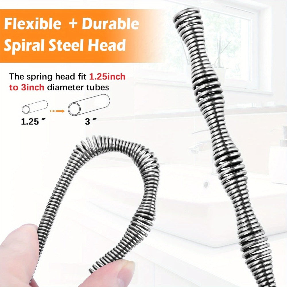 Drain Snake Auger 25ft with Drill Adapter – Manual & Drill-Powered Plumbing Snake, 1/4" Spiral Head for 1-1/4" to 3" Pipes