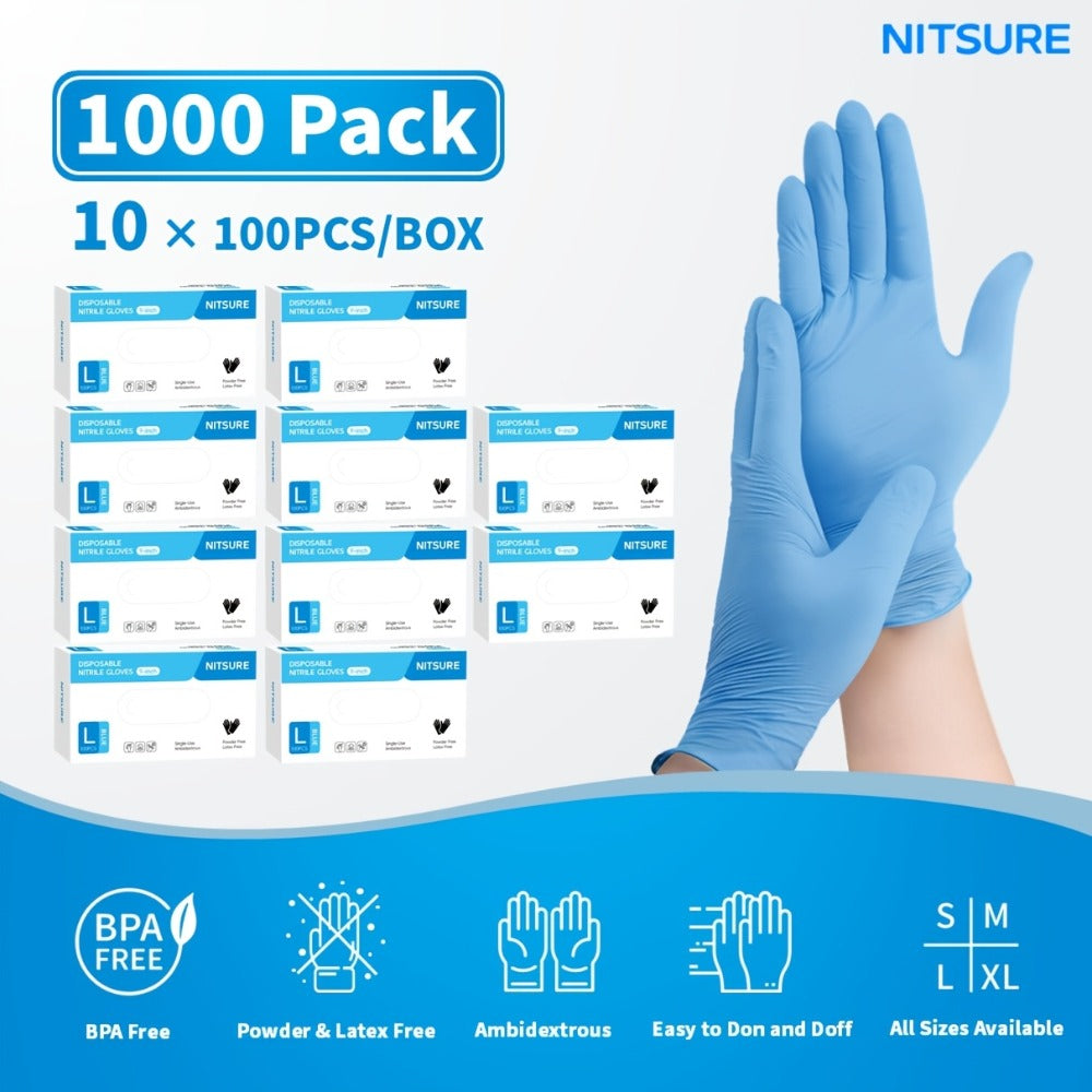 Blue Nitrile Disposable Gloves 5.5 Mil, Bulk Pack 101/201/501/1000 Count, Latex-Free Powder-Free Chemical Resistant Elastic Fit