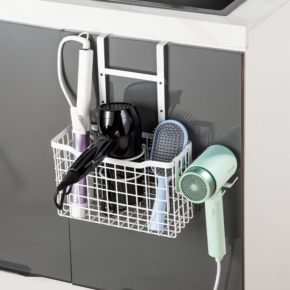 Hanging Hair Tool Organizer with Adjustable Mounting Height, Wire Basket and Black or White Finish