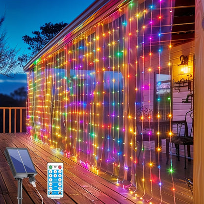 Solar Curtain Lights Outdoor 300 LED Waterfall Fairy String Lights with 8 Modes Remote for Entryways, Bedrooms and Living Spaces